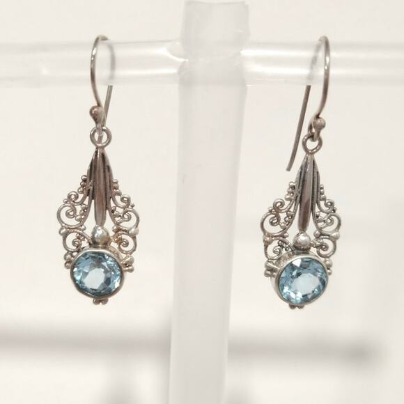 925 Sterling Silver Filigree & Sky Blue Topaz Dangle Drop Earrings Hook Vintage - Picture 1 of 8